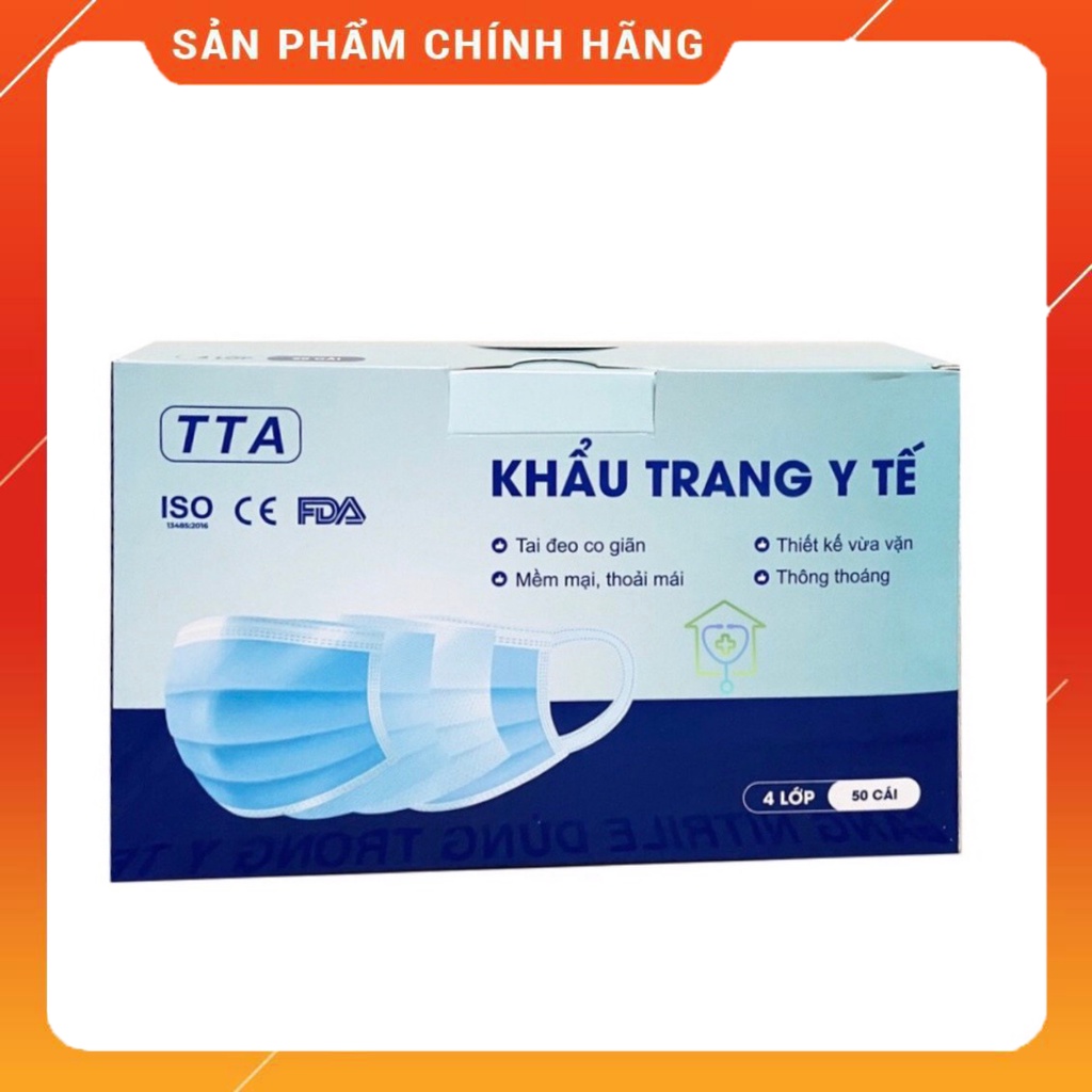 Khẩu Trang Y Tế TTA 4 Lớp Kháng Khuẩn Tai Đeo Mềm Mịn Chống Trượt - Hộp 50 Cái