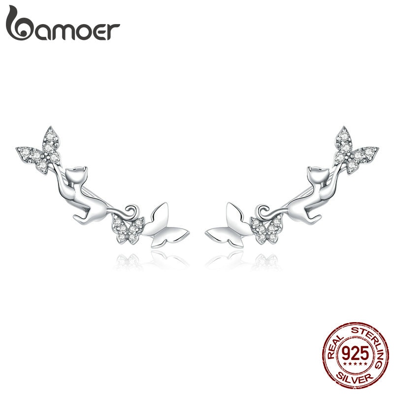 Bông tai xỏ Bamoer SCE961 Brinco 2020 Bijoux bằng bạc 925 hình mèo và bướm cho nữ