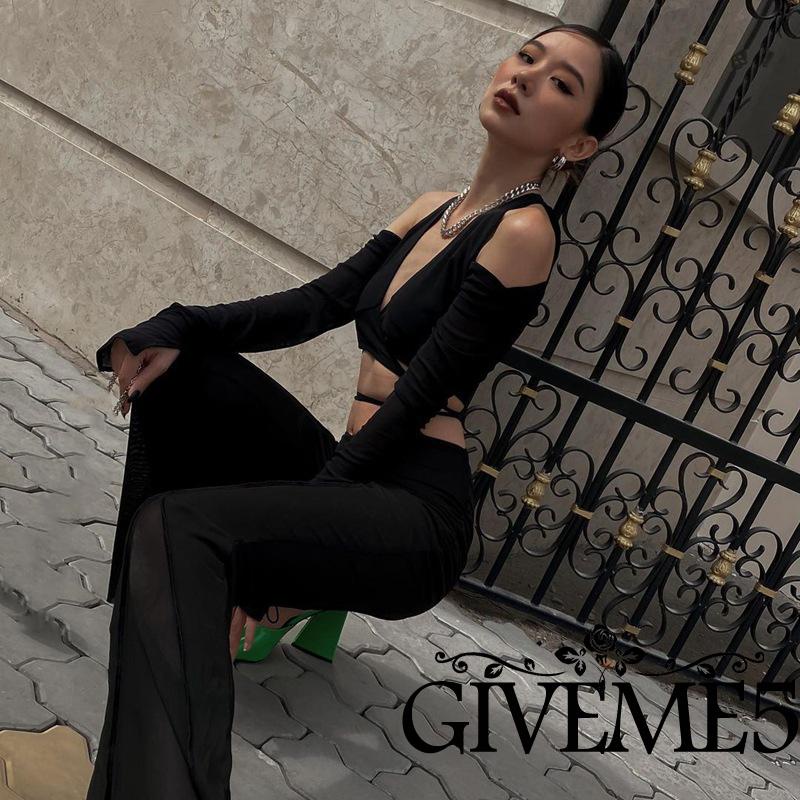 Áo Croptop Tay Dài Cổ Chữ V Màu Sắc Trơn Thiết Kế Đan Dây Chéo Quyến Rũ