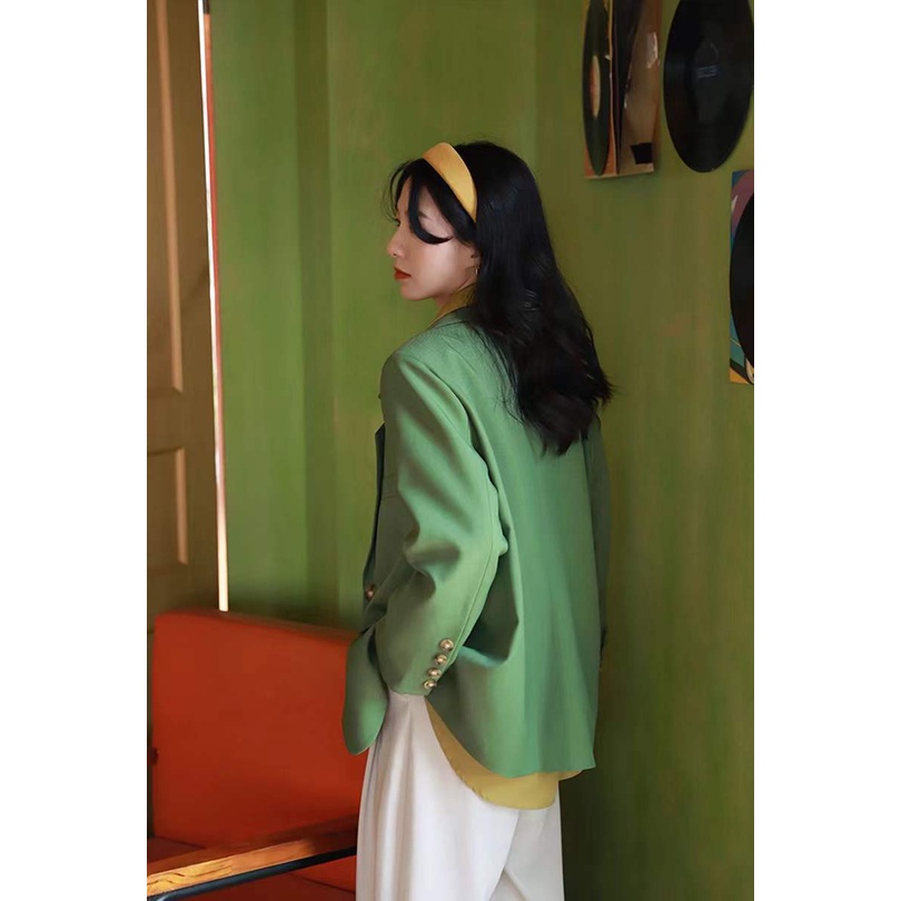 Áo Khoác blazer Tay Dài Dáng Rộng Màu Xanh Lá Thời Trang Xuân Thu