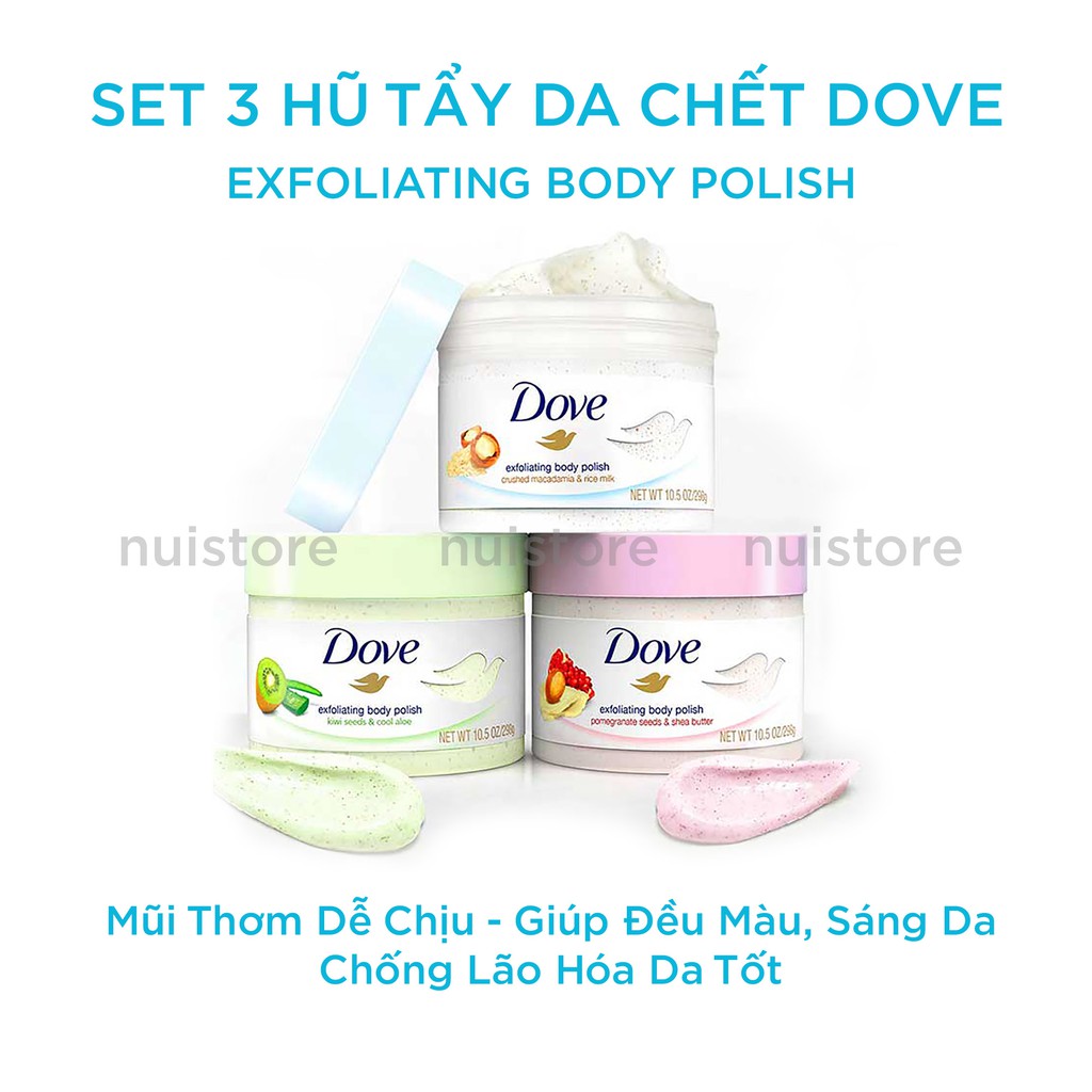 Set 3 hũ tẩy da chết body DOVE, tẩy da chết mềm mịn