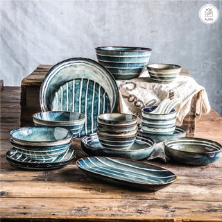 Bộ Bát Đĩa Gốm Sứ Cao Cấp 30 Món Vân Kẻ Bắc Âu - Bộ Bát Gia Đình 6 Người - Sẵn Hàng