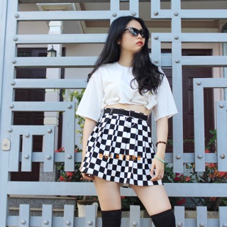 Chân váy caro phối ring