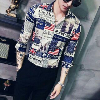 [KÈM ẢNH THẬT] ÁO SƠ MI LỤA NAM HOẠ TIẾT TỜ BÁO FORM SIÊU ĐẸP