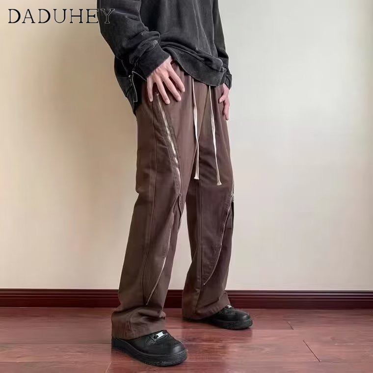 DaDuHey Men's High Street American Side Zipper Pants Ins Fashion Loose Straight Casual Pants