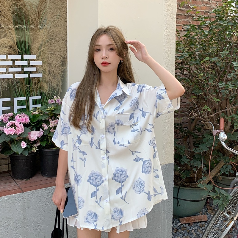 SUXI Áo sơ mi tay ngắn dáng rộng in hoa kiểu retro Hàn Quốc thời trang mùa hè cho nữ