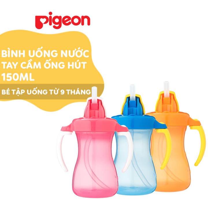 Bình uống nước Pigeon 150ml có tay cầm và ống hút (xanh dương, hồng, cam)