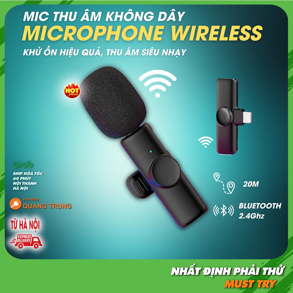 Microphone không dây dành cho điện thoại, chống ồn tốt, khoảng cách lên đến 20m