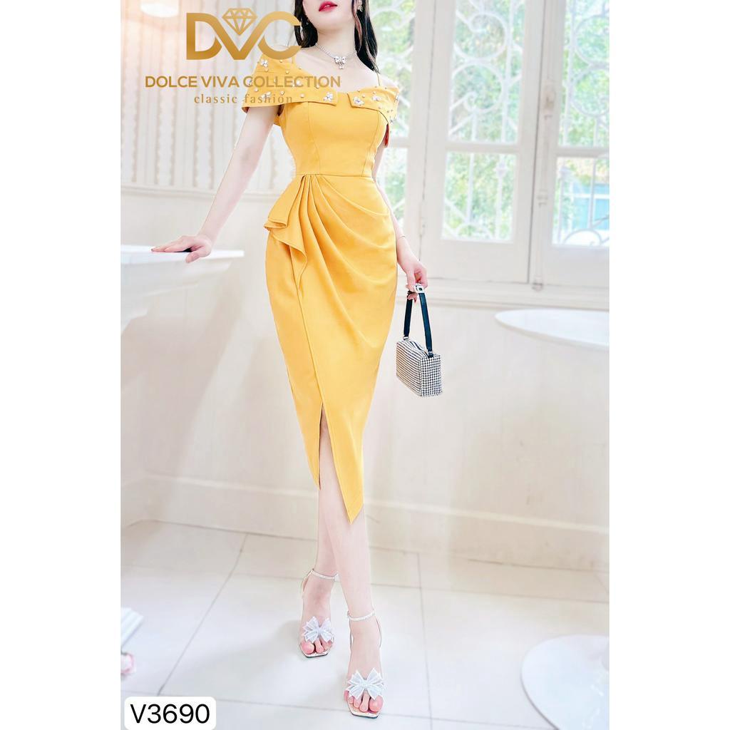 VÁY VÀNG TRỄ VAI ĐÍNH ĐÁ EO XẾP BÈO ĐI LÀM ĐI CHƠI V3690 - DVC