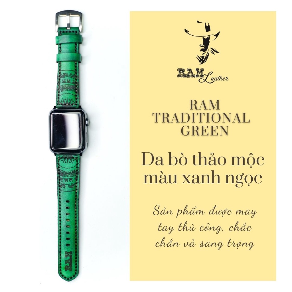 Dây đồng hồ da bò Italia cao cấp xanh ngọc handmade bền chắc - chính hãng RAM Leather