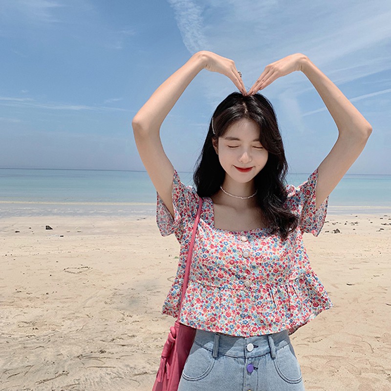 Xiaozhainv Áo nữ tay ngắn in hoa phong cách Hàn Quốc | BigBuy360 - bigbuy360.vn