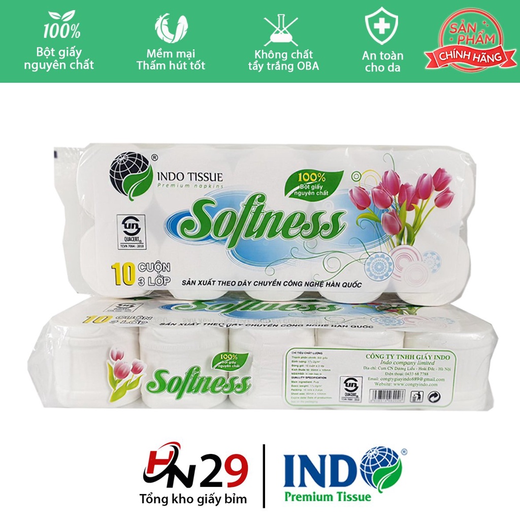 Giấy vệ sinh cuộn hoa Tuylip INDO 10 cuộn x 3 lớp - Giấy cuộn có lõi và không lõi cao cấp mềm mịn dai - GV003