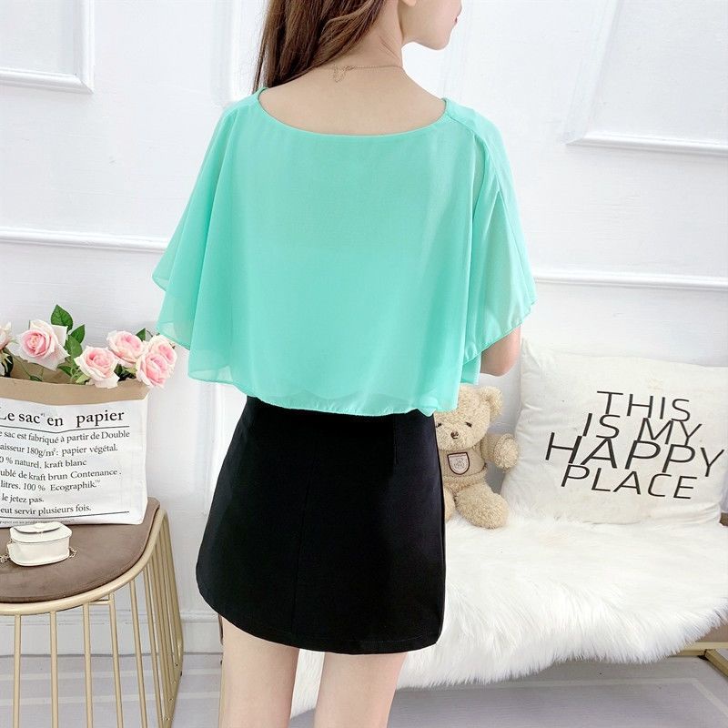 Áo kiểu chiffon tay ngắn dáng rộng cổ chữ V phong cách Hàn Quốc thời trang mùa hè size lớn dành cho nữ