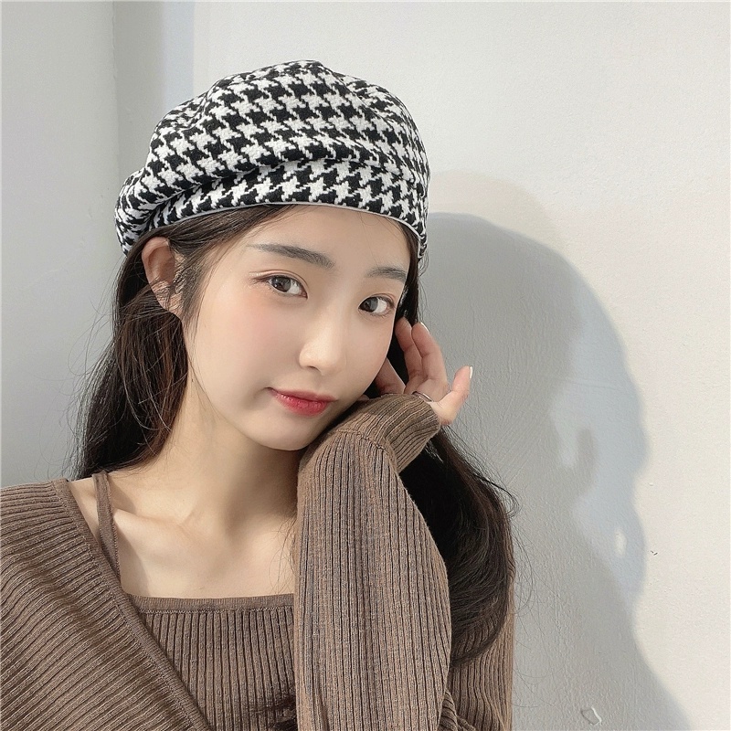 Mũ beret co giãn in họa tiết Houndstooth phong cách Pháp cổ điển thời trang cho nữ