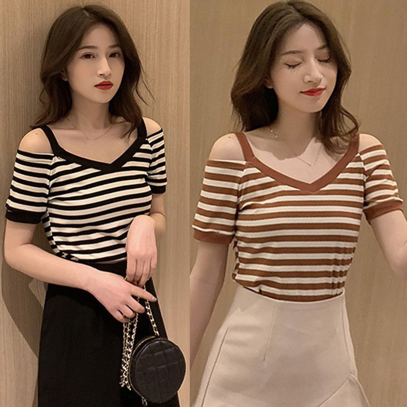 Áo dệt kim nữ cổ chữ V hở vai phong cách Hàn Quốc