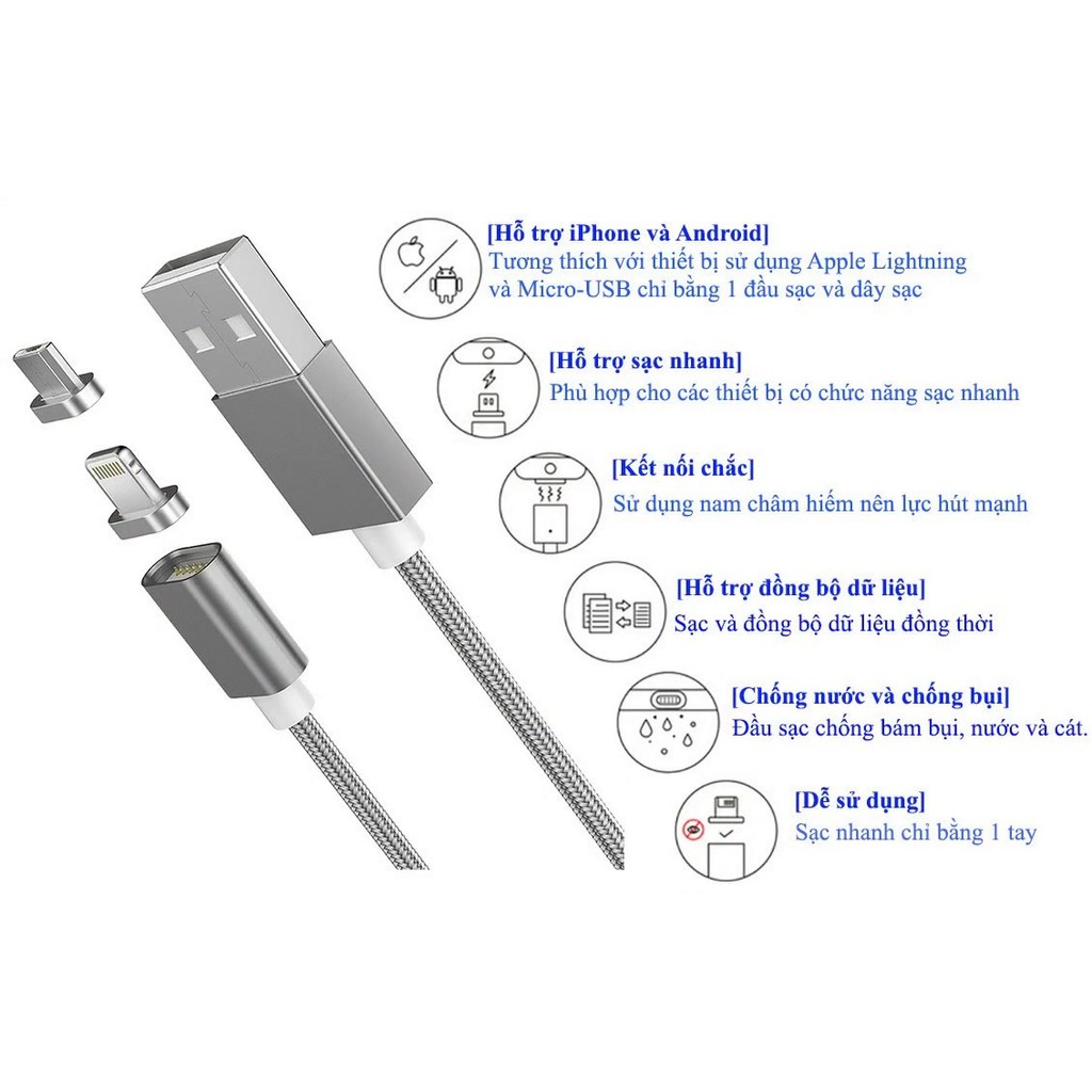 Cáp sạc nam châm 3 cổng kết nối Lightning/Type-C/Micro USB, Cáp sạc nam châm 3 đầu đa năng