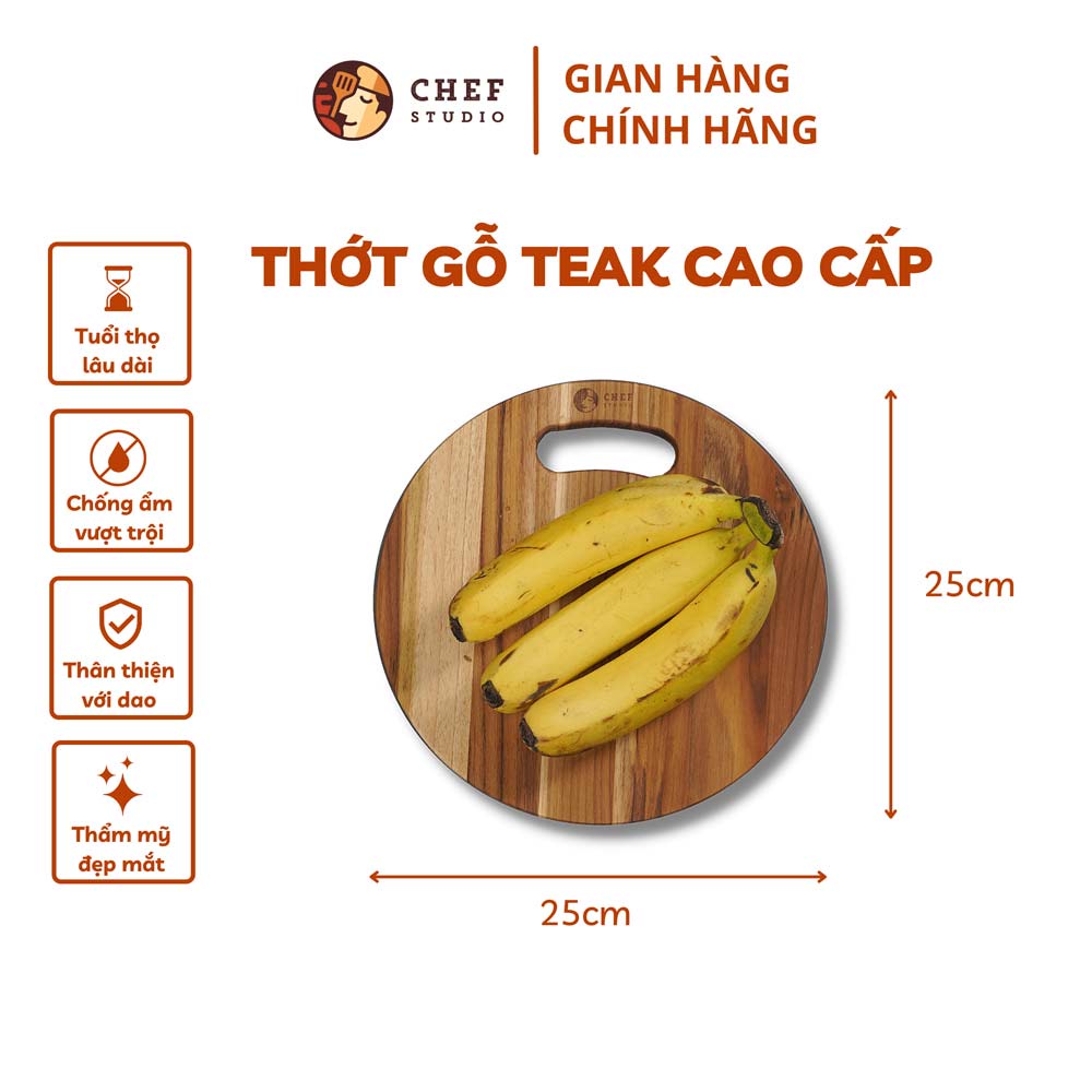 Thớt gỗ Teak Chef Studio cao cấp hình tròn có tay nắm cong, dày 1.4 cm dùng cho cắt thái và trang trí