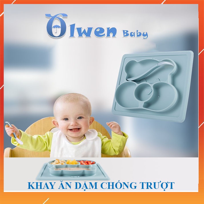 Khay Ăn Dặm Silicon Cho Bé Tặng Thìa Đĩa Đĩa Đựng Đồ Ăn Bát Chia 4 Ngăn Có Đế Hút Chân Không Tập Ăn, Xúc Tránh Đổ Vỡ