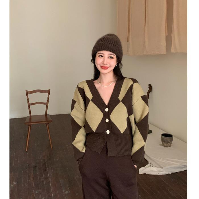 Áo Khoác Cardigan Dệt Kim Dày Dáng Rộng Cổ Chữ V Sọc Ca Rô Tương Phản Thời Trang 2022 Cho Nữ