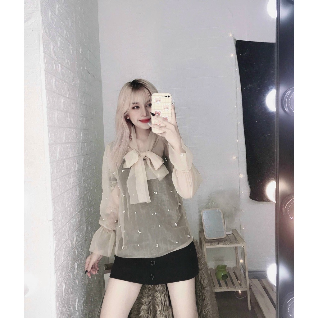 Áo sơ mi lưới cột nơ tay đính hột châu kèm áo lót TV