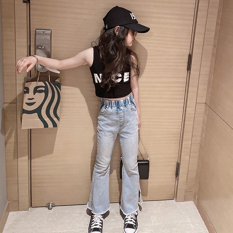 Set Áo Thun Sát Nách In Chữ + Quần Dài Ống Loe Thời Trang Cho Bé Gái