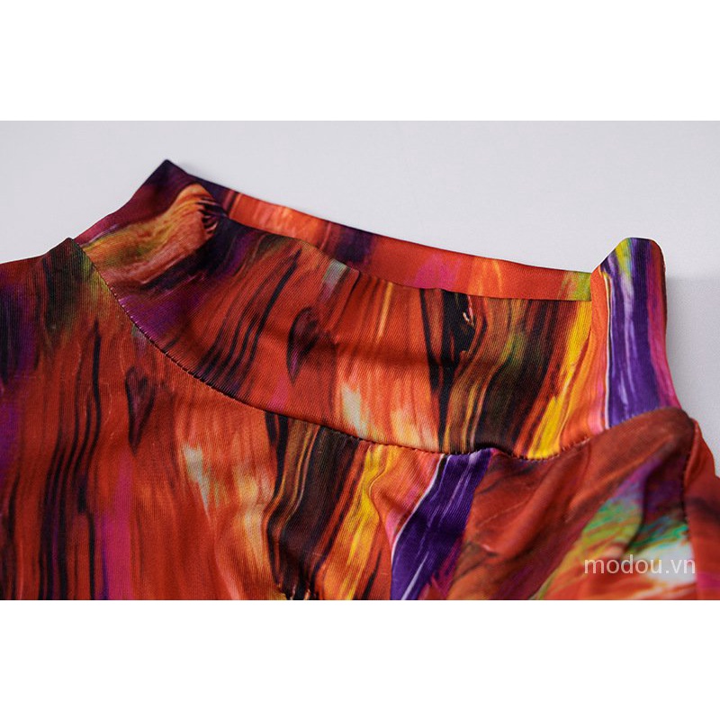 Đầm tay dài cổ cao in họa tiết nghệ thuật thời trang cho nữ