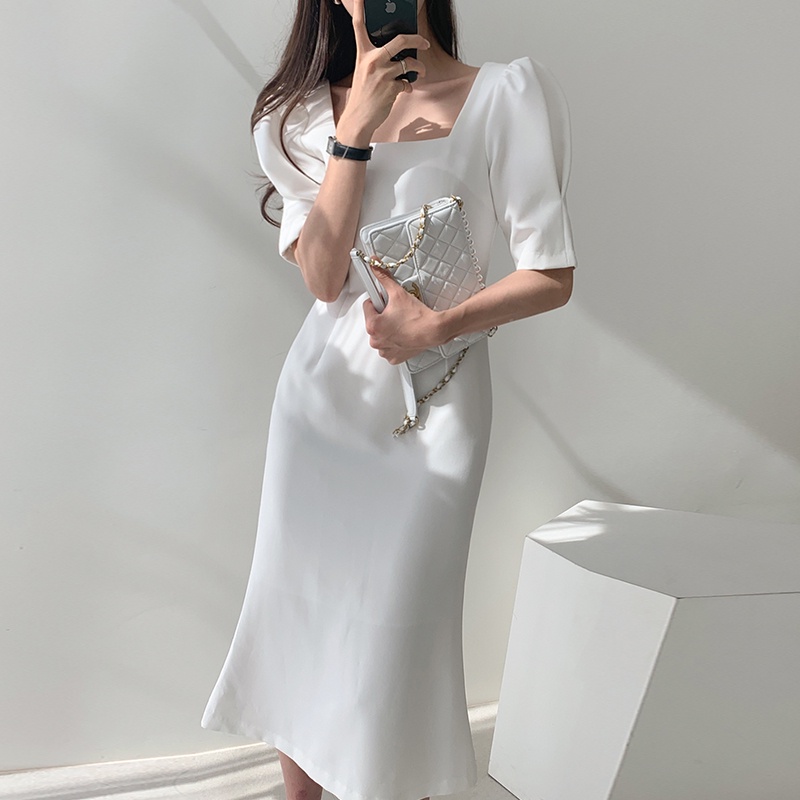 (ORDER) Váy cổ vuông tay phồng màu trắng thon eo suông dài tôn dáng sang trọng thanh lịch kiểu Pháp