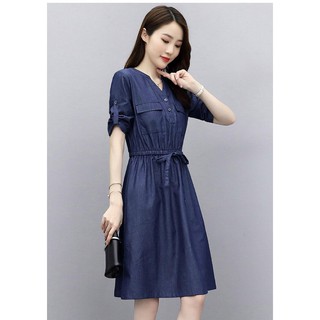 ĐẦM JEAN XOÈ EO RÚT CỔ V