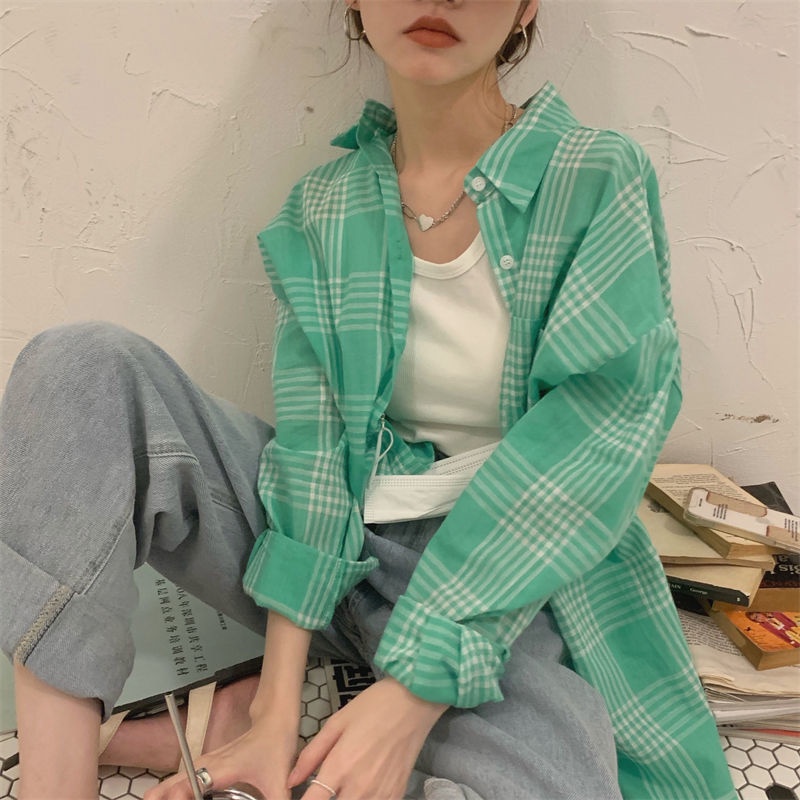 Áo sơ mi tay dài dáng rộng họa tiết sọc caro phong cách Hàn Quốc thời trang cho nữ