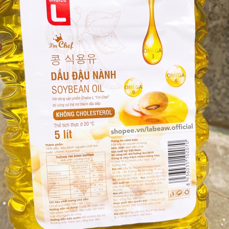 Dầu đậu nành CHOICE L bình 5L không Cholesterol theo tiêu chuẩn Hàn Quốc (rẻ hơn dầu ăn SIMPLY)