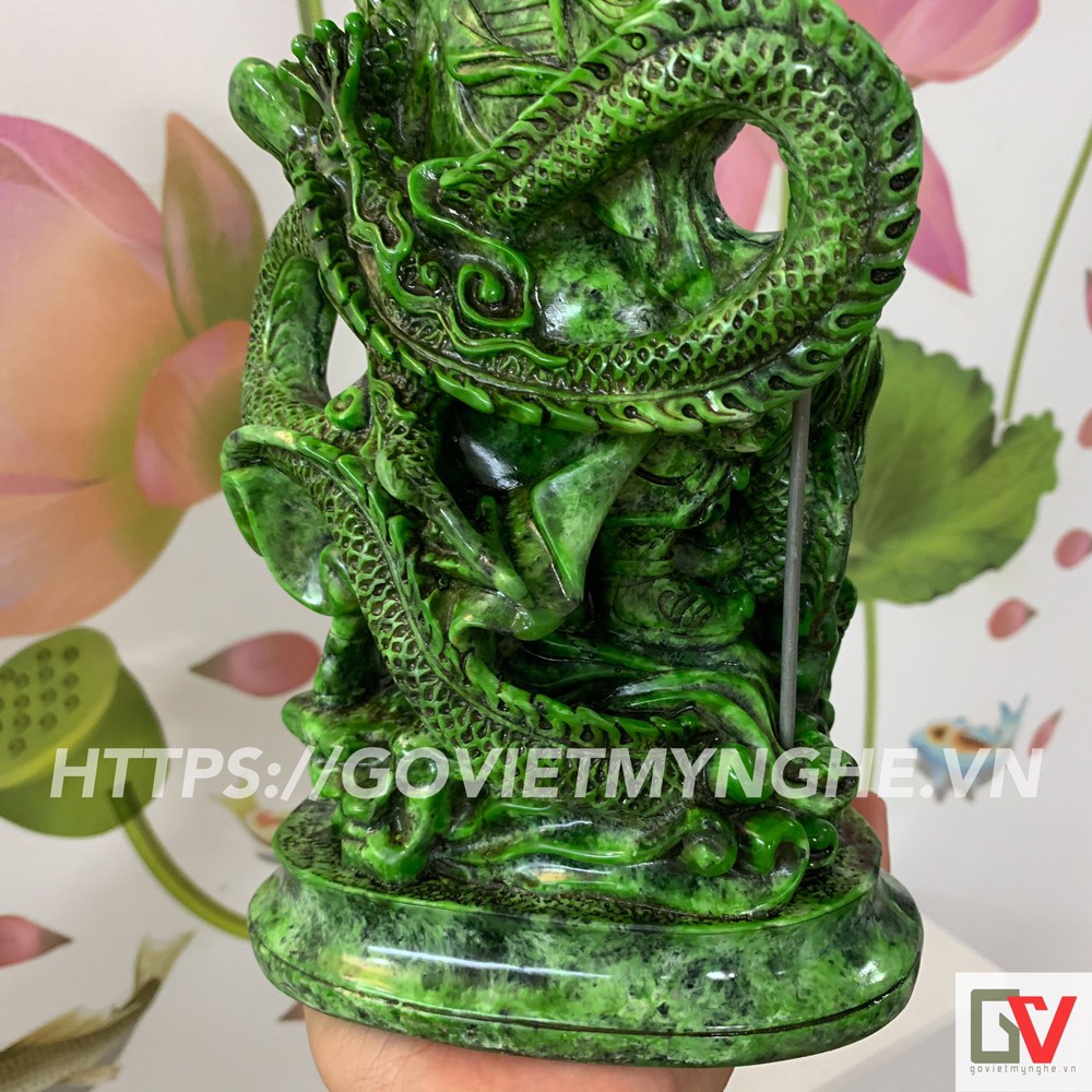 [Tượng Quan Công] Tượng đá phong thủy Quan Công - Quan Công cầm đao cưỡi Rồng - Cao 25cm - Màu xanh