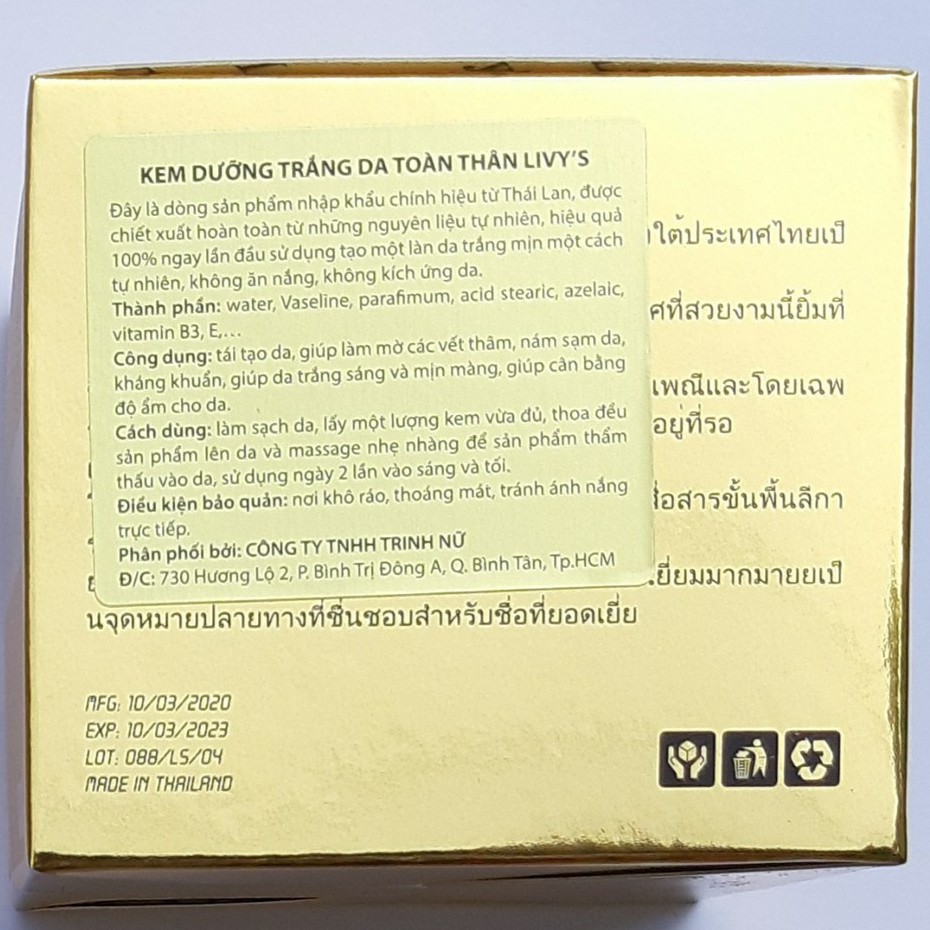 [250g] Kem Dưỡng Trắng da Toàn Thân Body Livy's Thái Lan SPF 45+