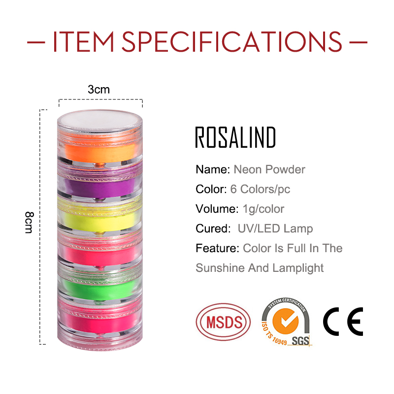 Bột neon 6 màu trong 1 Rosalind dùng để trang trí móng tay nghệ thuật