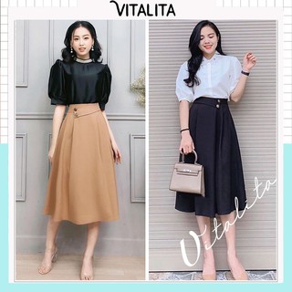 Chân váy dài công sở xếp ly phối 2 cúc - Chất vải tuyết mưa dày dặn - mềm mại - dáng váy dài qua gối