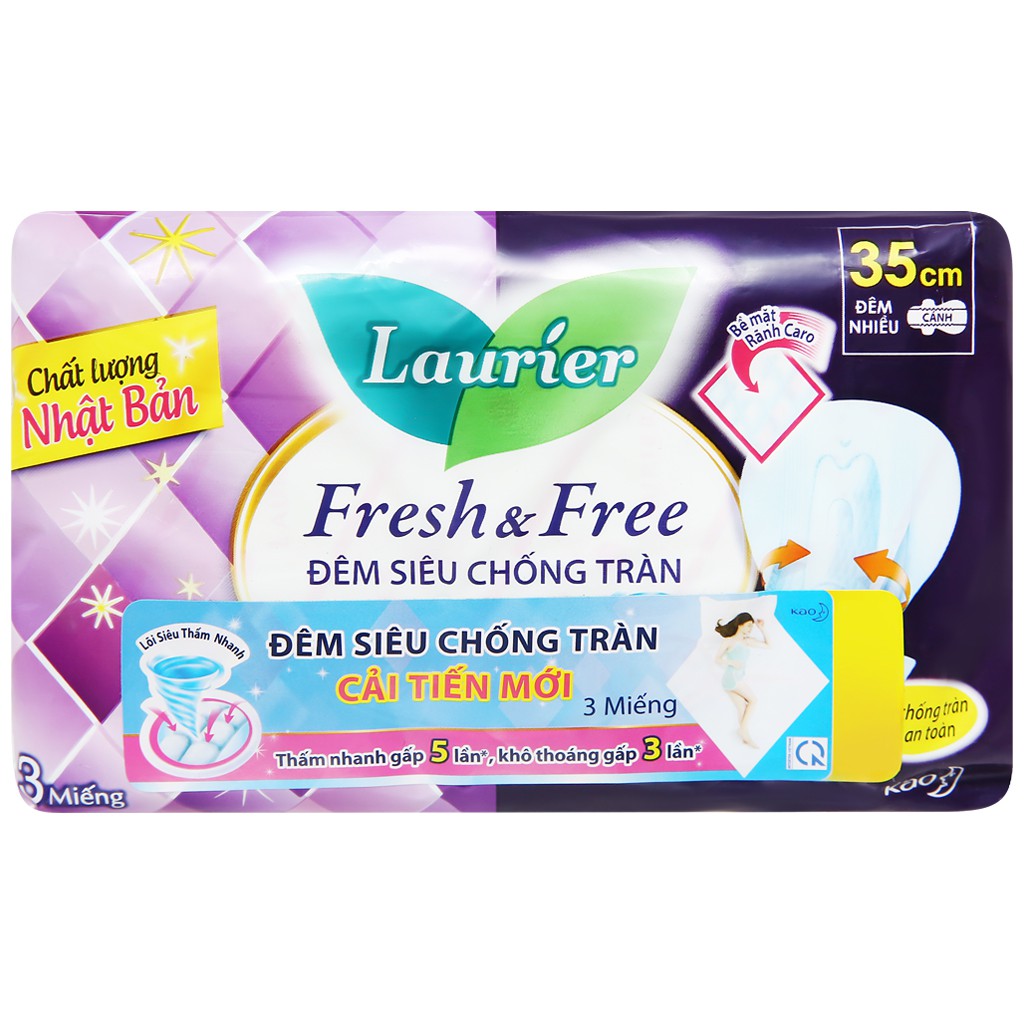 Băng vệ sinh ban đêm Laurier Fresh and Free siêu chống tràn 3 miếng 35cm