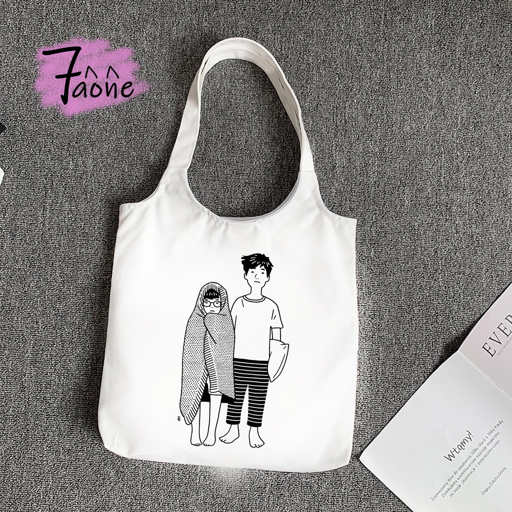 TÚI TOTE QUAI TRÒN ANH VÀ EM ĐEO VAI (CÓ KHÓA + TÚI CON) VẢI CANVAS