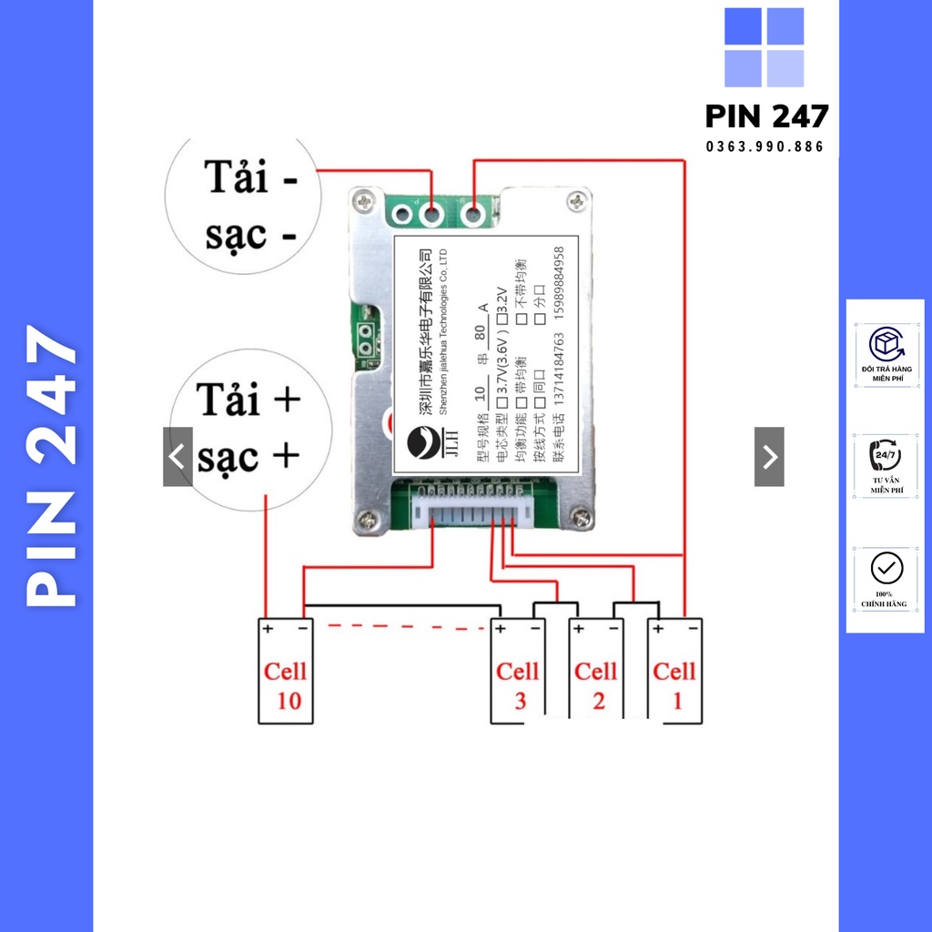 Mạch 10s 80a đa năng , sạc và bảo vệ cell Li-ion 3.7V máy khoan bê tông bắn vít cầm tay JHL dùng từ 3s tới 10s
