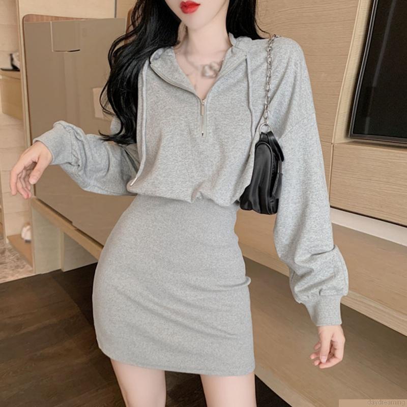 Đầm hoodie tay dài màu trơn phong cách Hàn Quốc thời trang độc đáo dành cho nữ