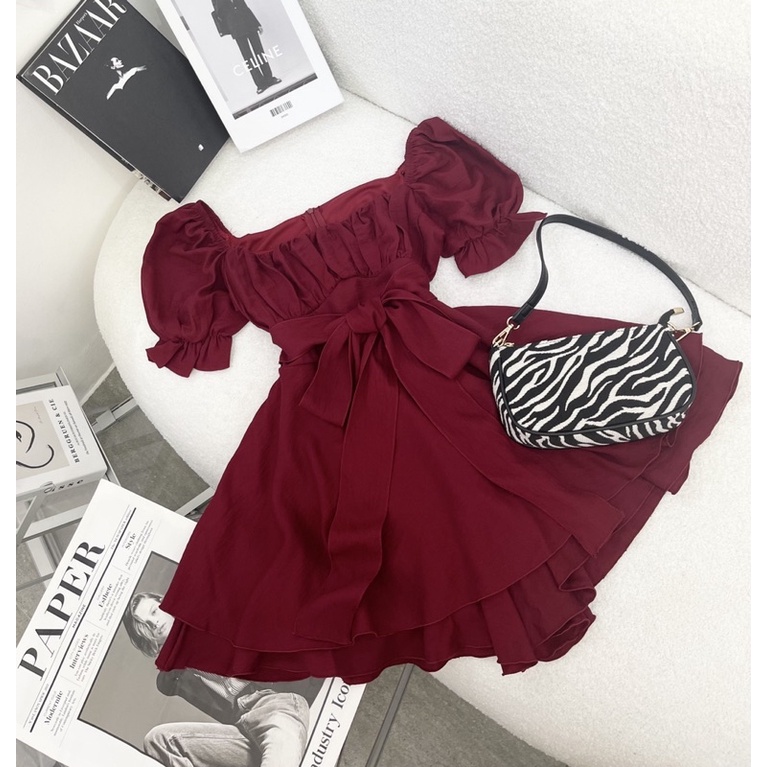 JUMPSUIT ĐỎ XẾP NGỰC THẮT NƠ EO