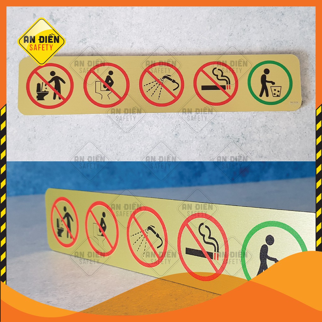Biển báo An Điền Safety - Biển báo Cấm trong phòng vệ sinh, bề mặt hợp kim ánh vàng óng ánh sang trọng