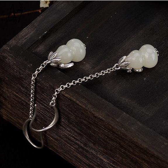 Bông Tai Bạc 925 Hình Quả Bầu Đính Đá Ngọc Bích Thời Trang Cho Nữ