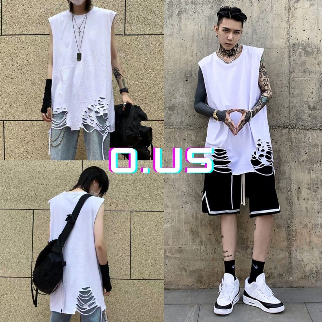 Áo tank top 95% cotton rách gấu tạo layer đen trắng - Áo ba lỗ bóng rổ unisex nam nữ