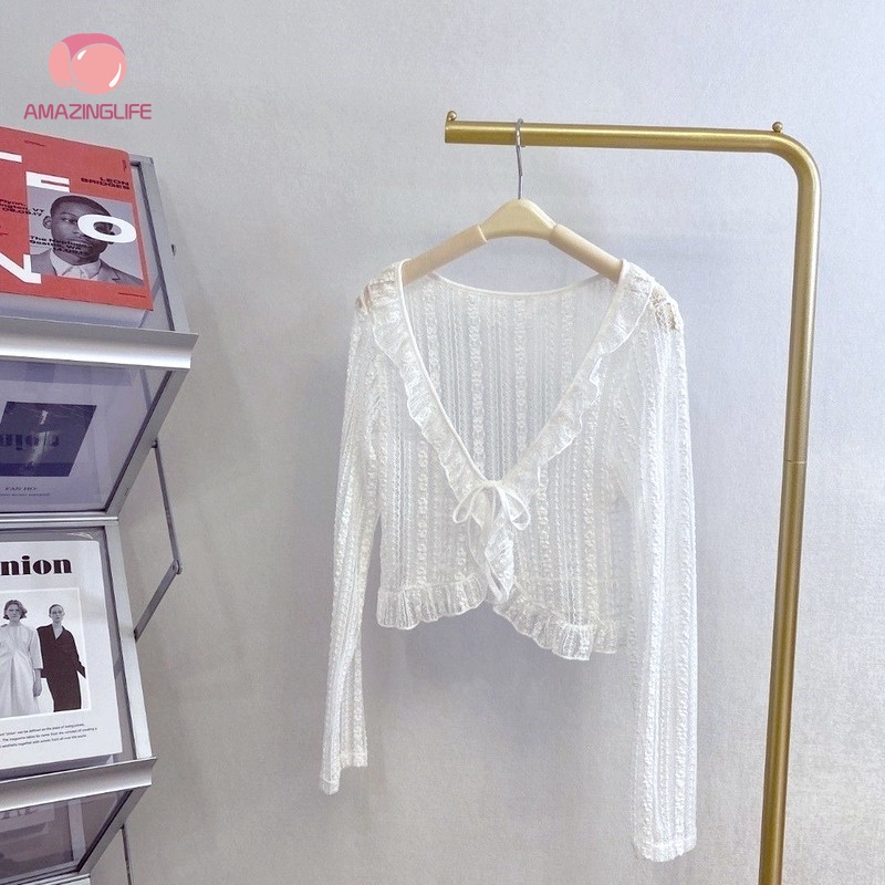 Áo Khoác Cardigan Dài Tay Cổ Chữ V Phối Ren Thời Trang Mùa Hè Hàn Quốc Cho Nữ