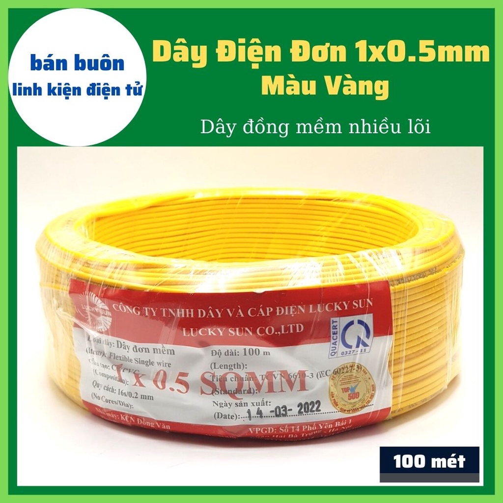 [100 mét] Dây điện đơn 1x0.5MM màu vàng, dây 0.5mm, dây điện mềm nhiều lõi, dây đơn 1x0.5mm (100% Đồng)