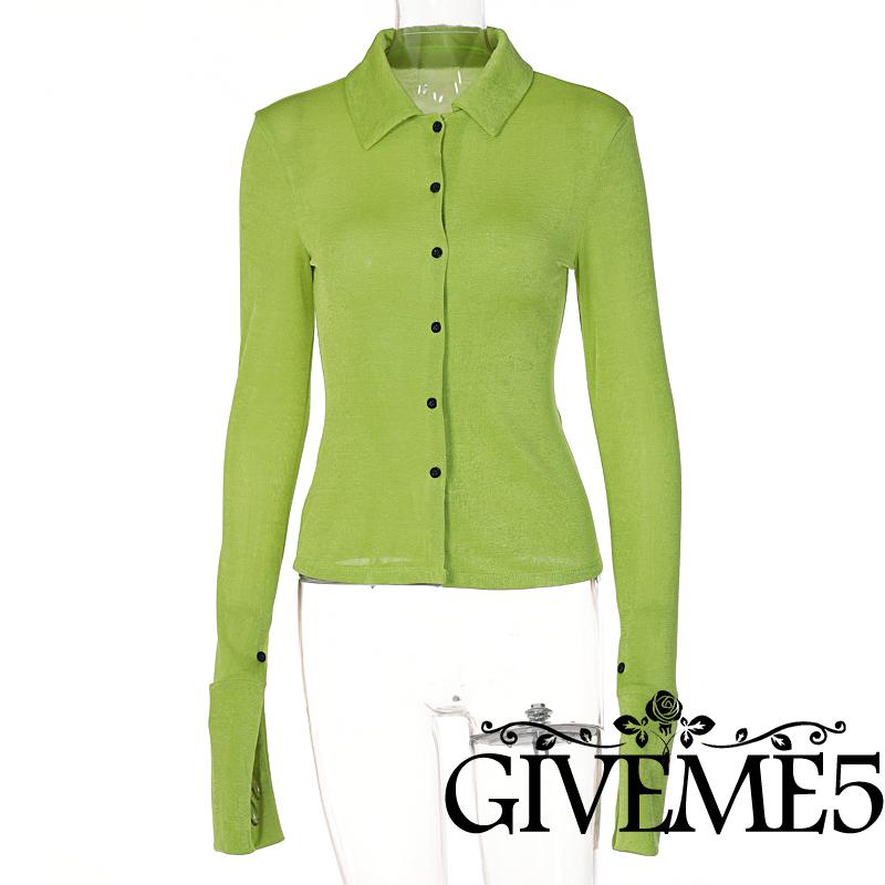 Áo Sơ Mi Mỏng Tay Dài Cổ Chữ V Cài Nút Màu Trơn Cho Nữ