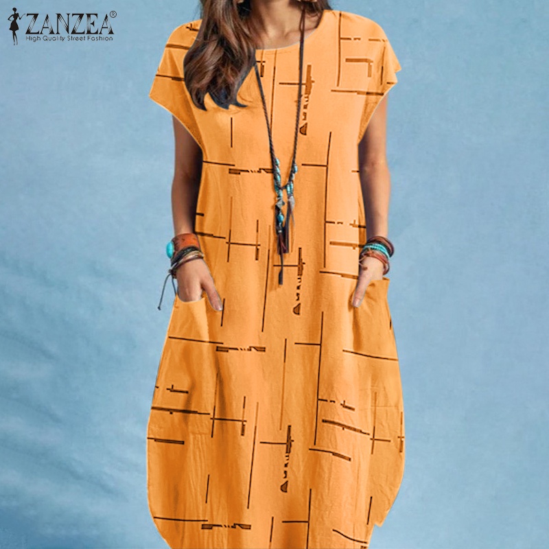 Zanzea Đầm Midi Ngắn Tay Cổ Tròn In Họa Tiết Phong Cách Châu Âu Thời Trang Cho Nữ