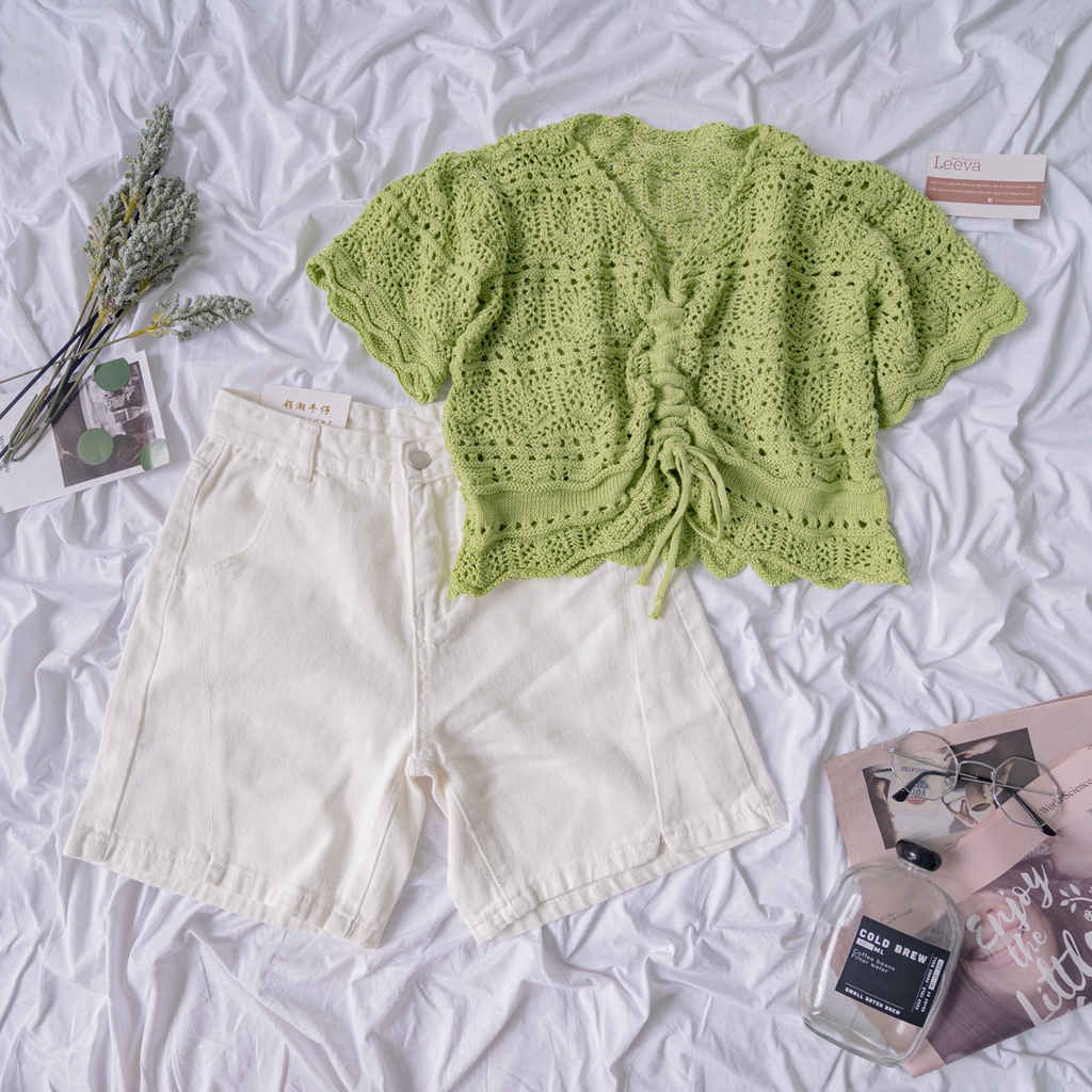 LEEVA - Áo croptop len dây rút ngắn tay mùa hè nhẹ nhàng A234
