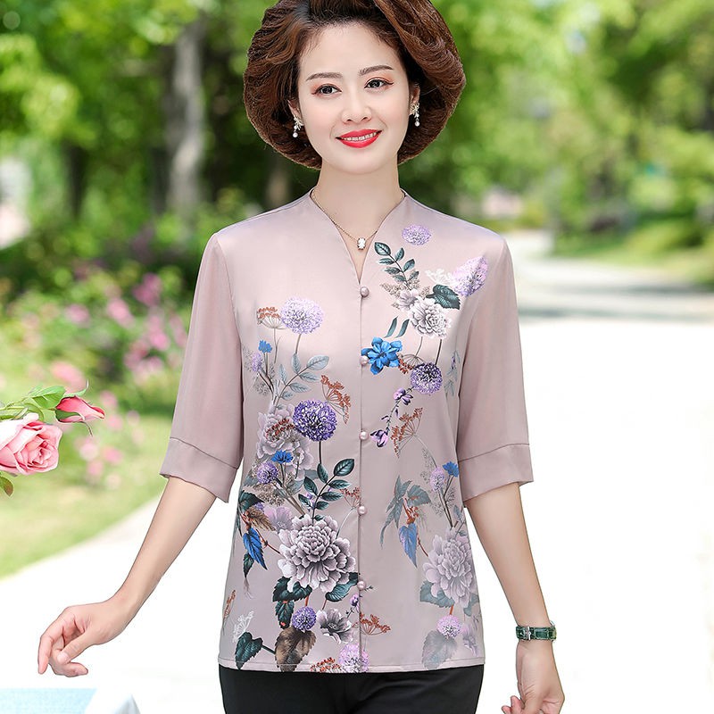 khuyến mãi giá đặc biệtBộ đồ hai mảnh lụa satin ngắn tay mới cho mùa hè của mẹ dành phụ nữ 40 tuổi 50 áo sơ mi tr