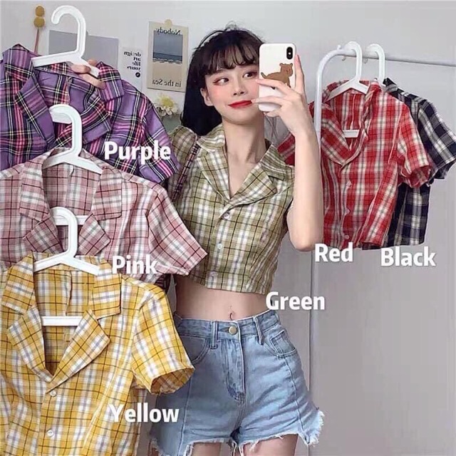 Áo croptop kẻ cổ vest cài cúc