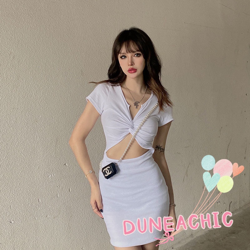 DUNEA Đầm nữ tay ngắn cổ chữ V thắt nút thời trang quyến rũ